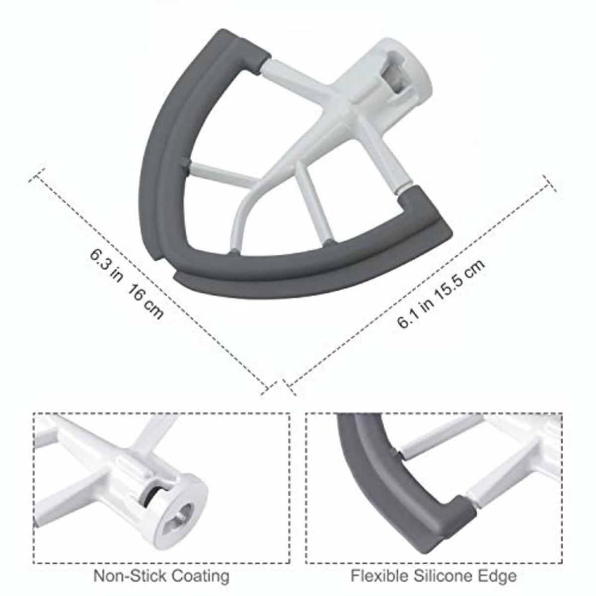 Beater attachment with gray flexible silicone edge and size measurement diagram