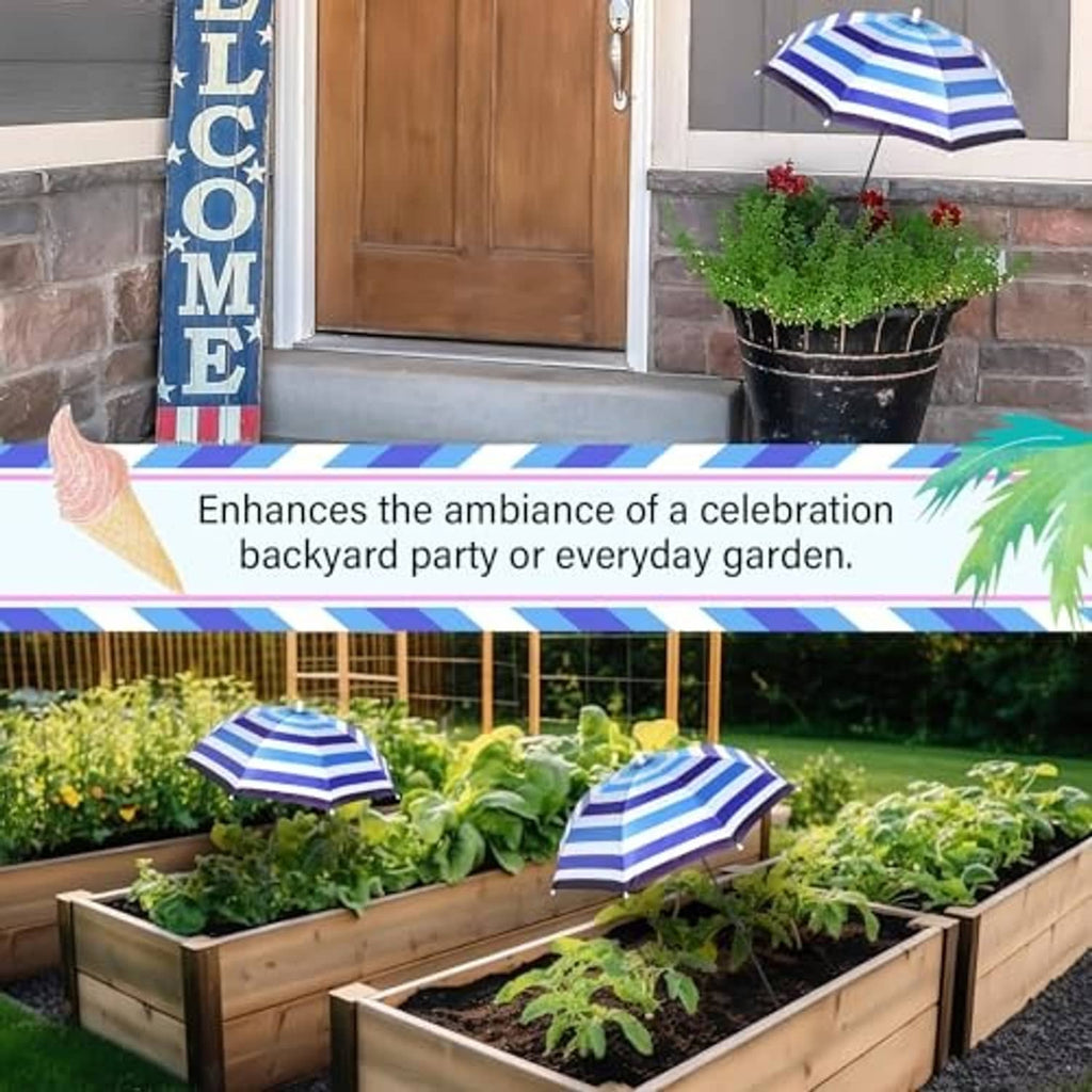 Blue and white striped plant umbrella over a garden planter bed, open canopy