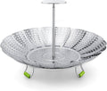 Stainless steel steamer basket with perforated bowl, center stem, green silicone feet