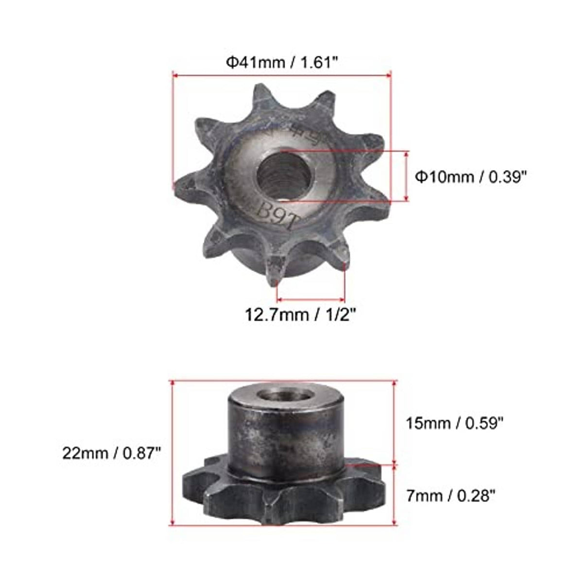 9-tooth chain sprocket with 41mm outer size and 10mm bore, measured diagram