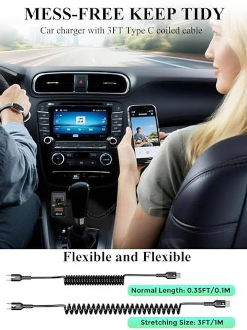 Dual USB car charger with coiled Type-C cable, mounted in vehicle console