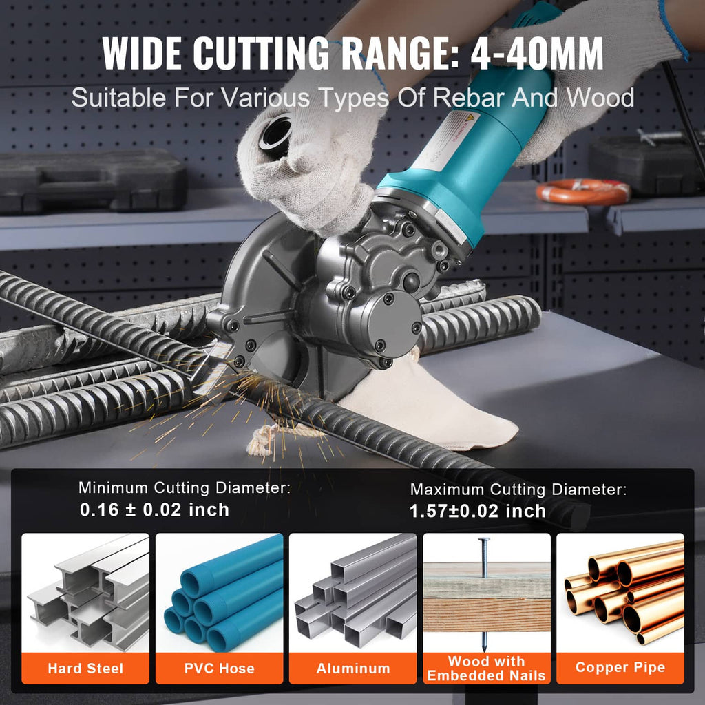 Electric rebar cutter with gloved hands trimming rebar with sparks