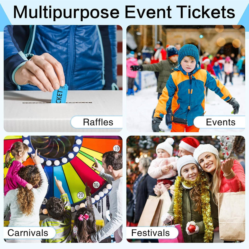 Blue event raffle tickets shown being used at events, with “Raffles” and “Events” labels