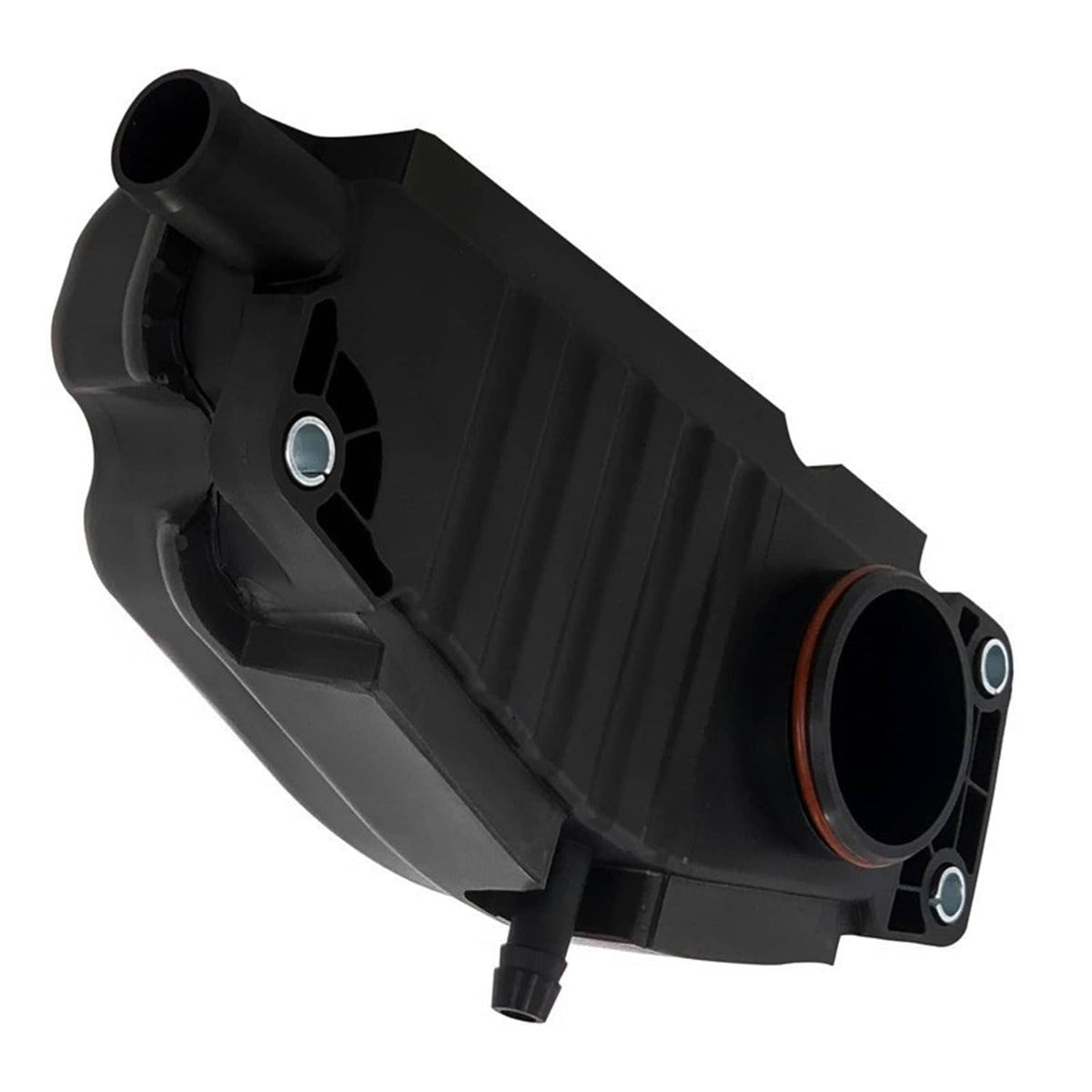 Black crankcase breather housing with circular filter port and mounting bracket