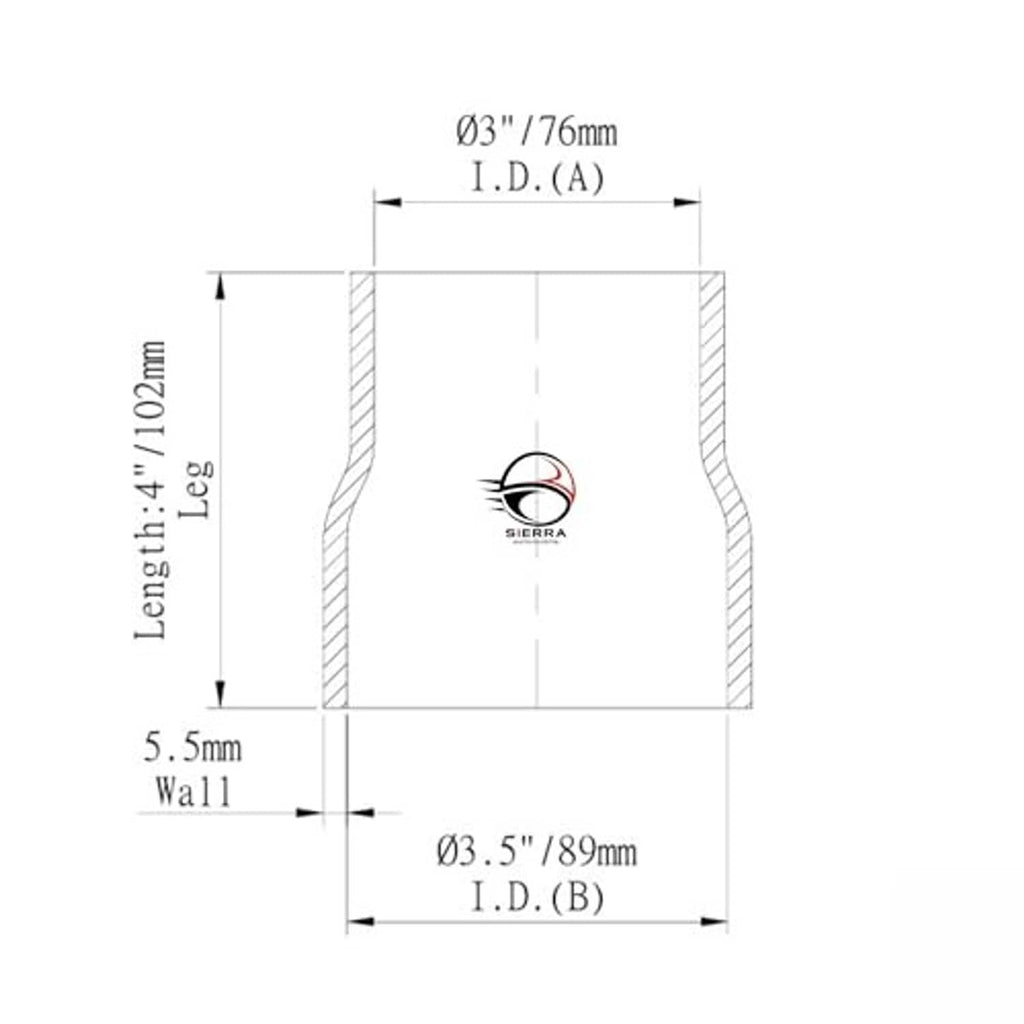 Silicone reducer coupler dimension diagram with inlet and outlet diameter measurements