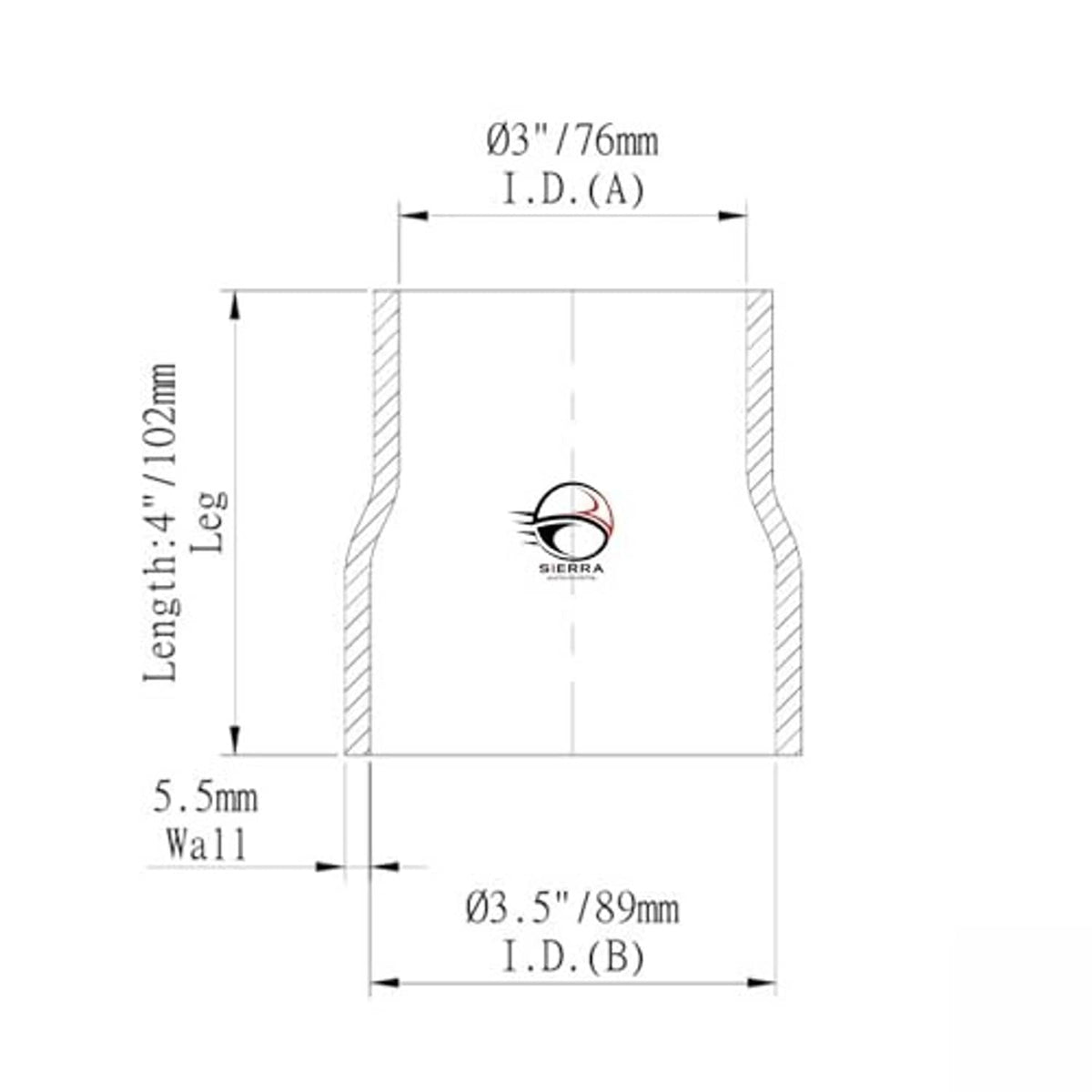 Silicone reducer coupler dimension diagram with inlet and outlet diameter measurements