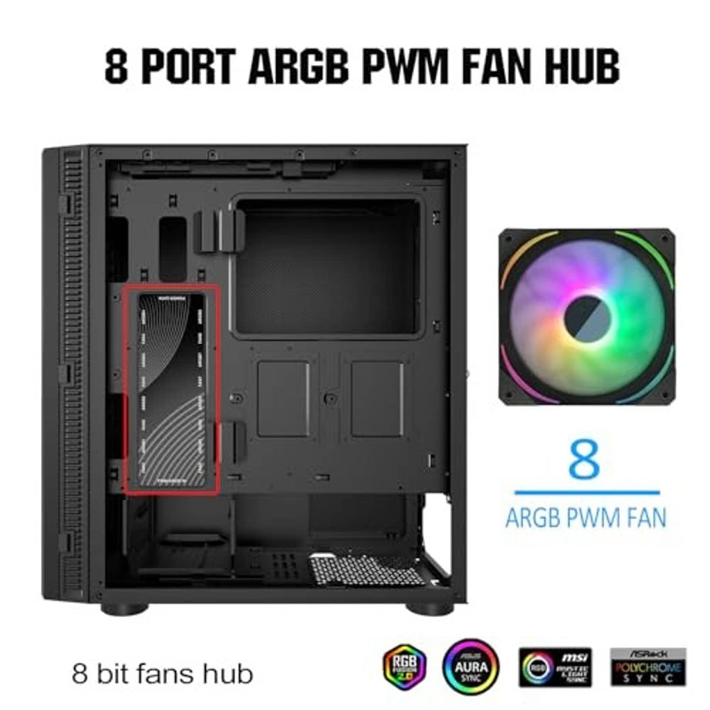 8-port ARGB PWM fan hub mounted in PC case with connected RGB fan