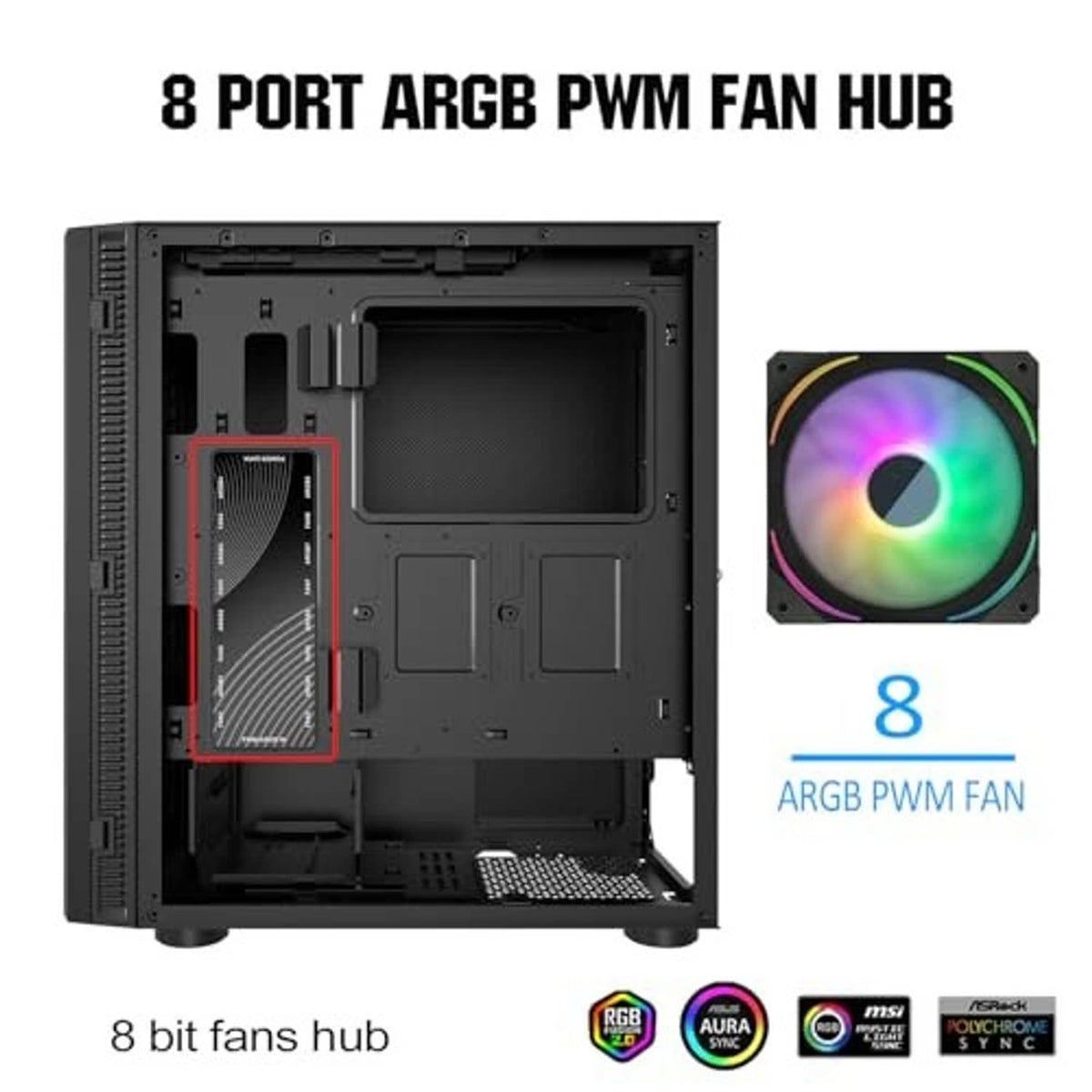 8-port ARGB PWM fan hub mounted in PC case with connected RGB fan