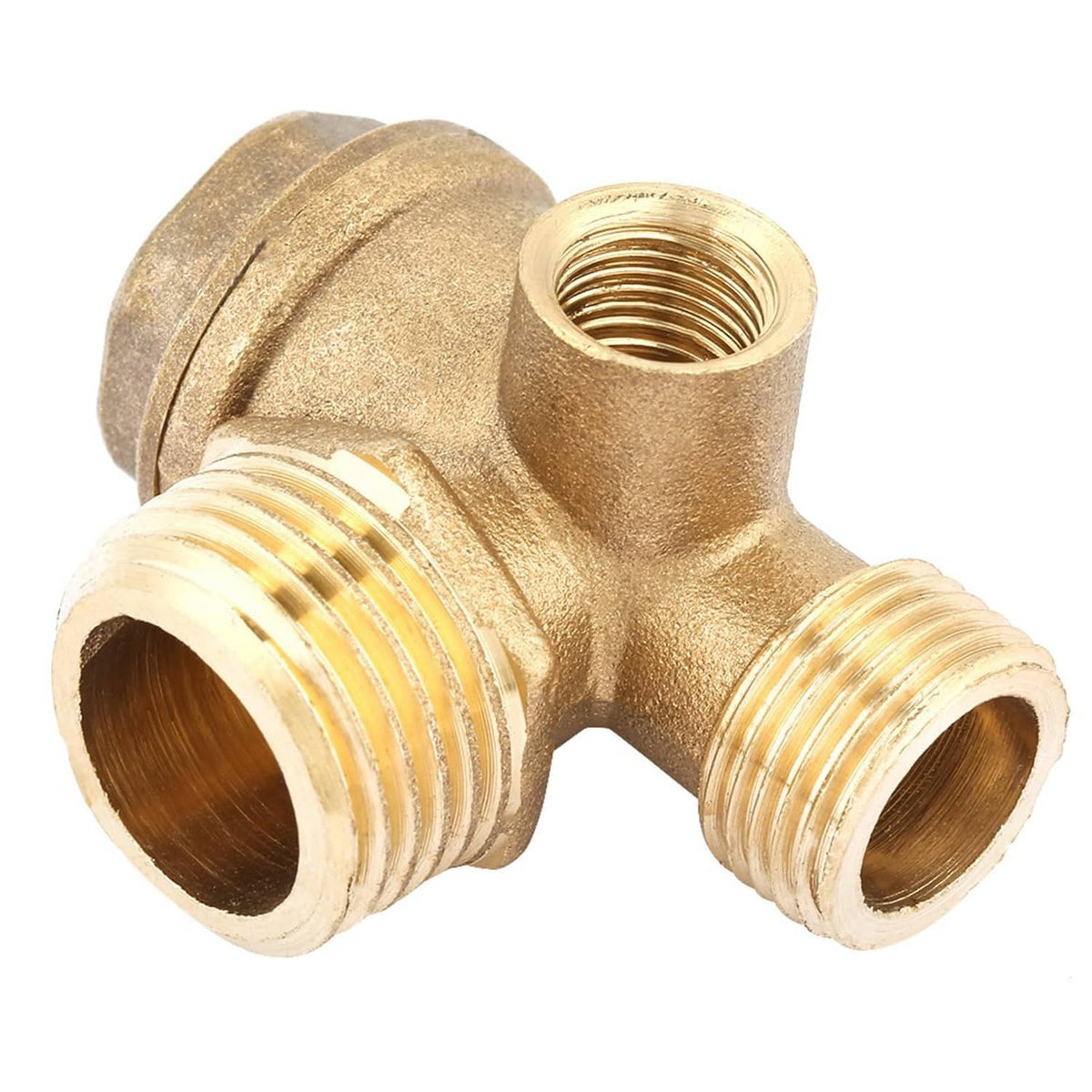 Brass 3-port air compressor check valve fitting with three male threaded connections