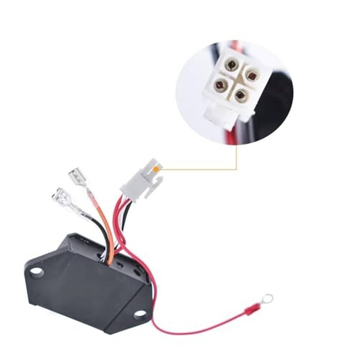 Black CDI ignitor module with red wire and white electrical plugs