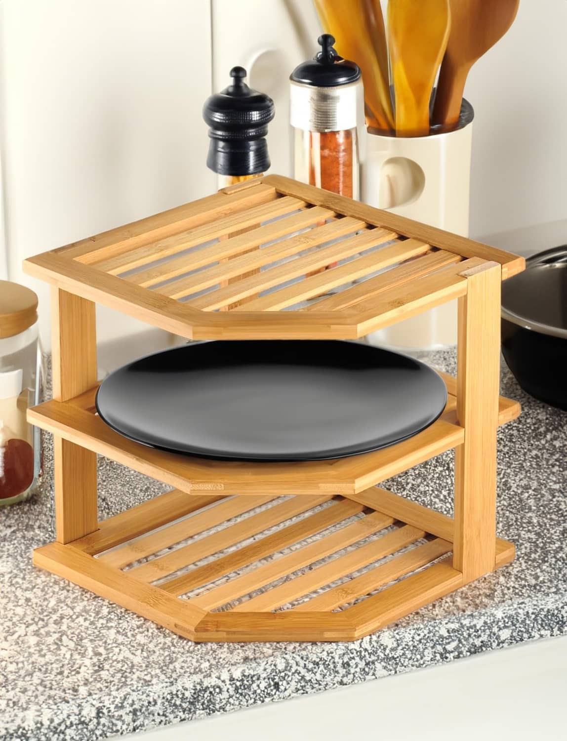 Natural bamboo 3-tier corner shelf organizer with slatted shelves and black plate
