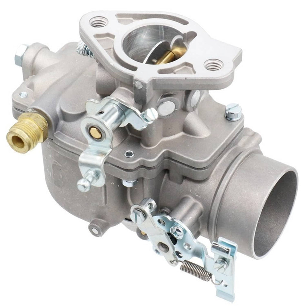 Gray metal carburetor with air horn, linkage arm, and brass fuel inlet fitting