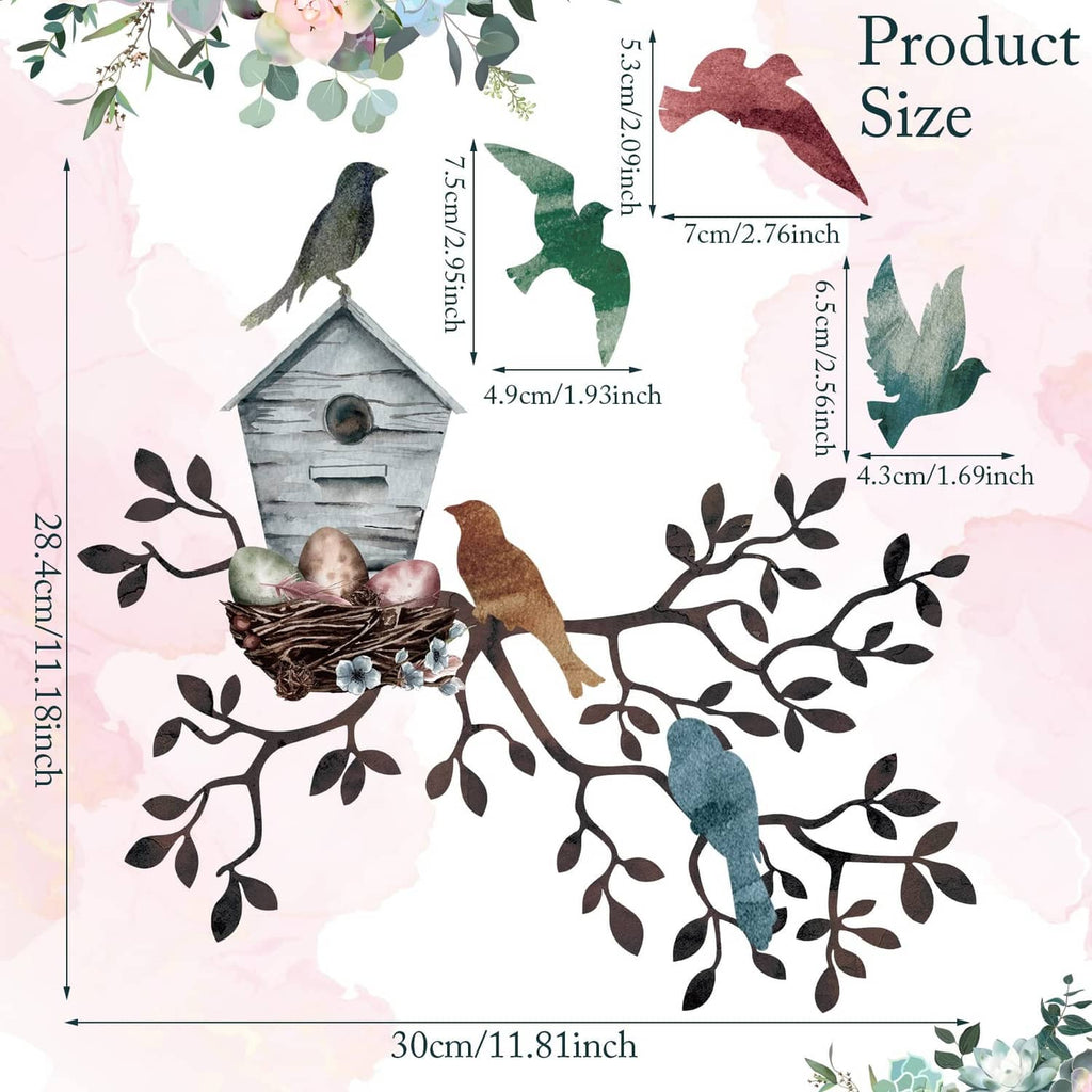Multicolor metal birds and branches wall art with birdhouse and nest details