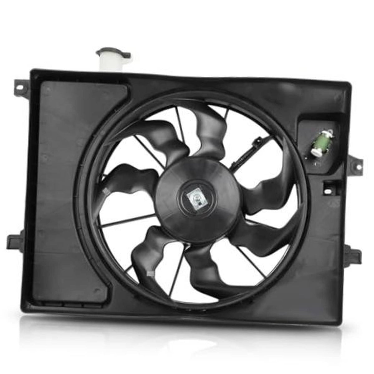 Radiator cooling fan assembly with black shroud and multi-blade fan