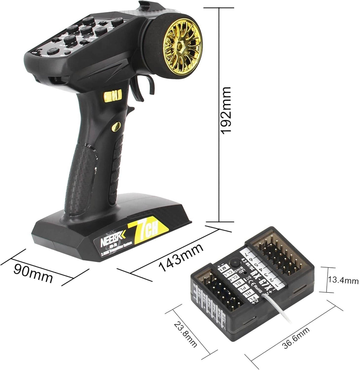 Black RC transmitter with golden wheel on stand plus compact receiver module