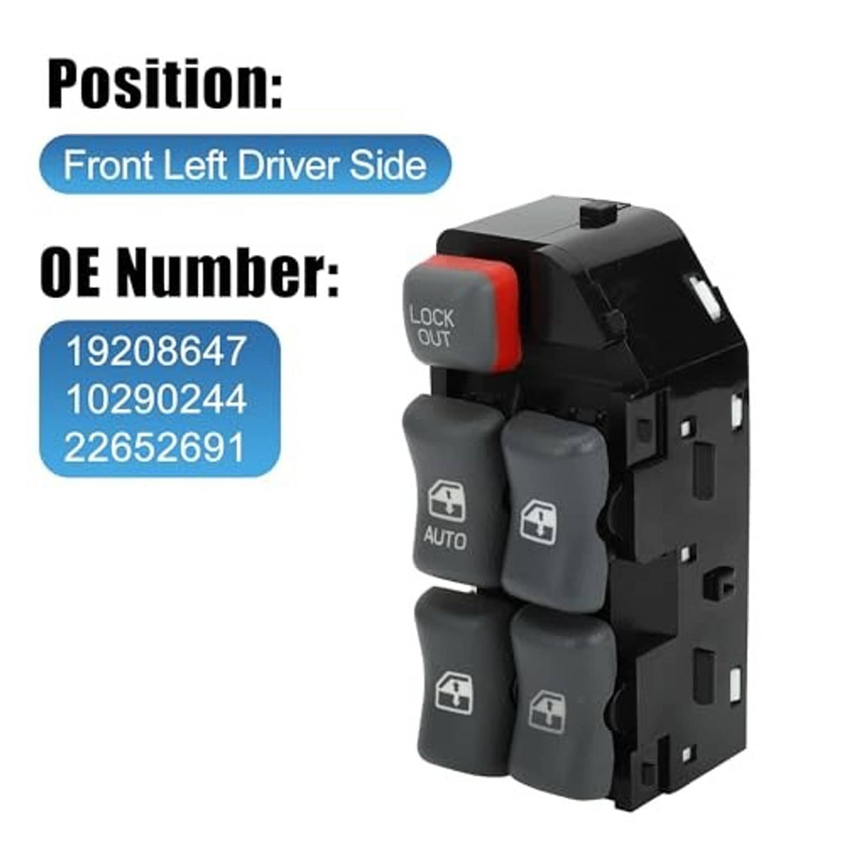 Power window switch assembly with gray switch pads and red LOCK OUT button