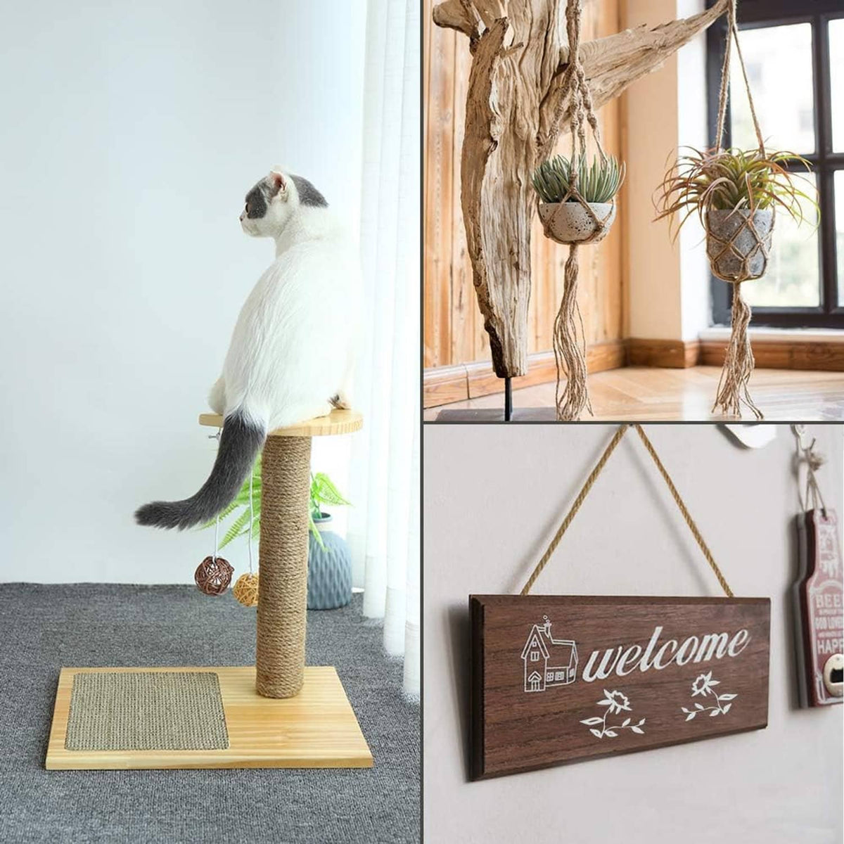 Natural jute rope hanging loops securing wooden shelves with potted planters.