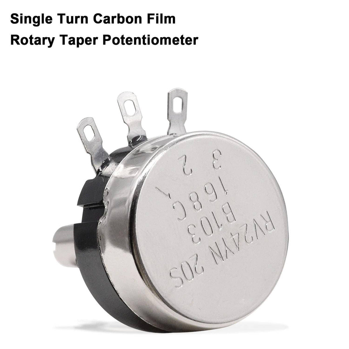 Single-turn carbon film rotary taper potentiometer with metal body and mounting tabs