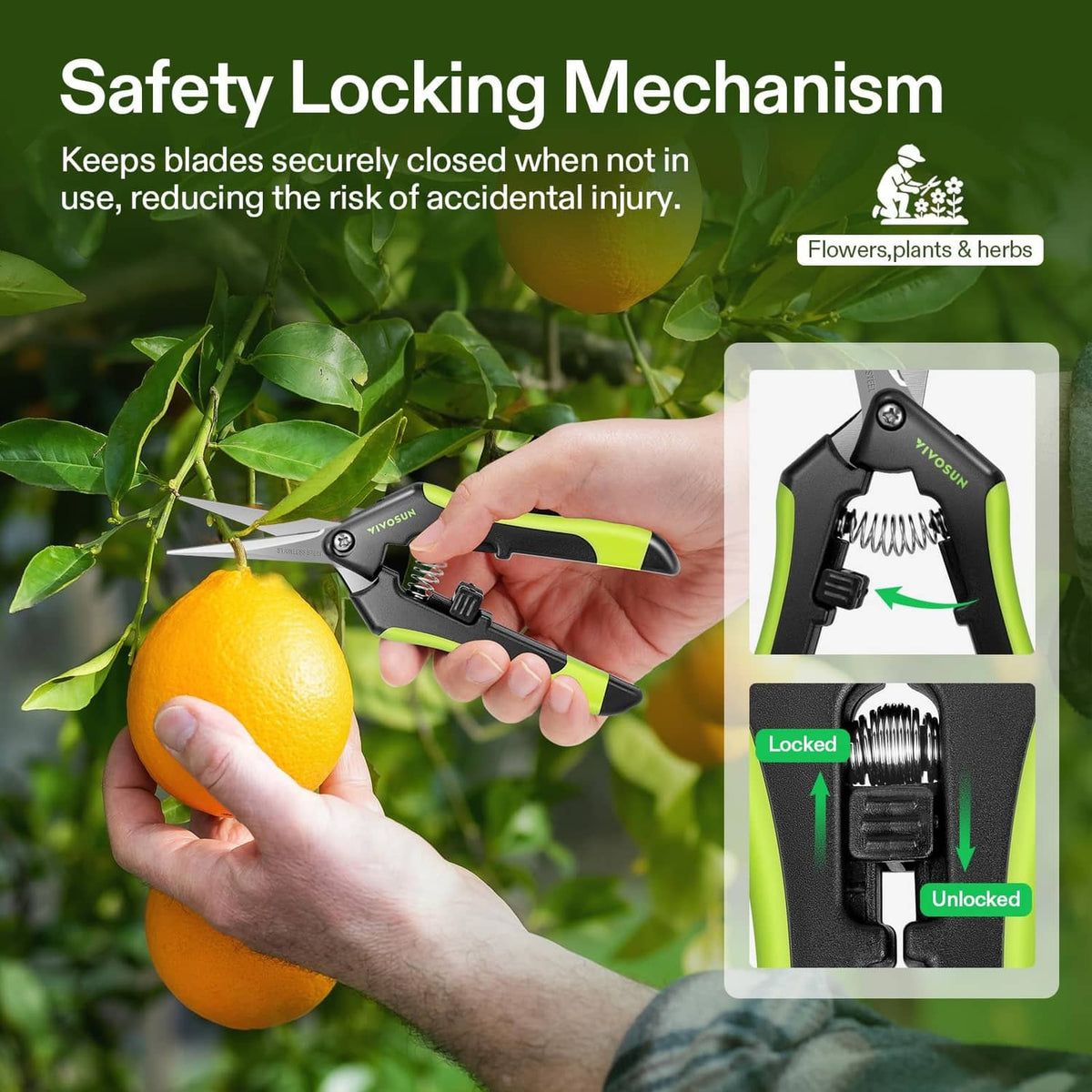 Garden scissors with safety lock, green-and-black handles, blades shown open