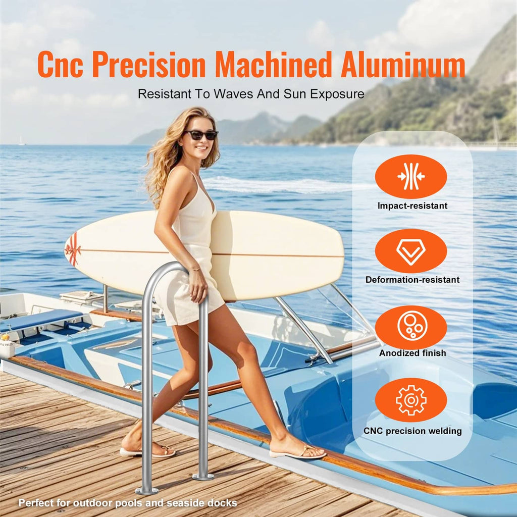 Two curved silver-gray aluminum handrails with round bases for dock or pool entry
