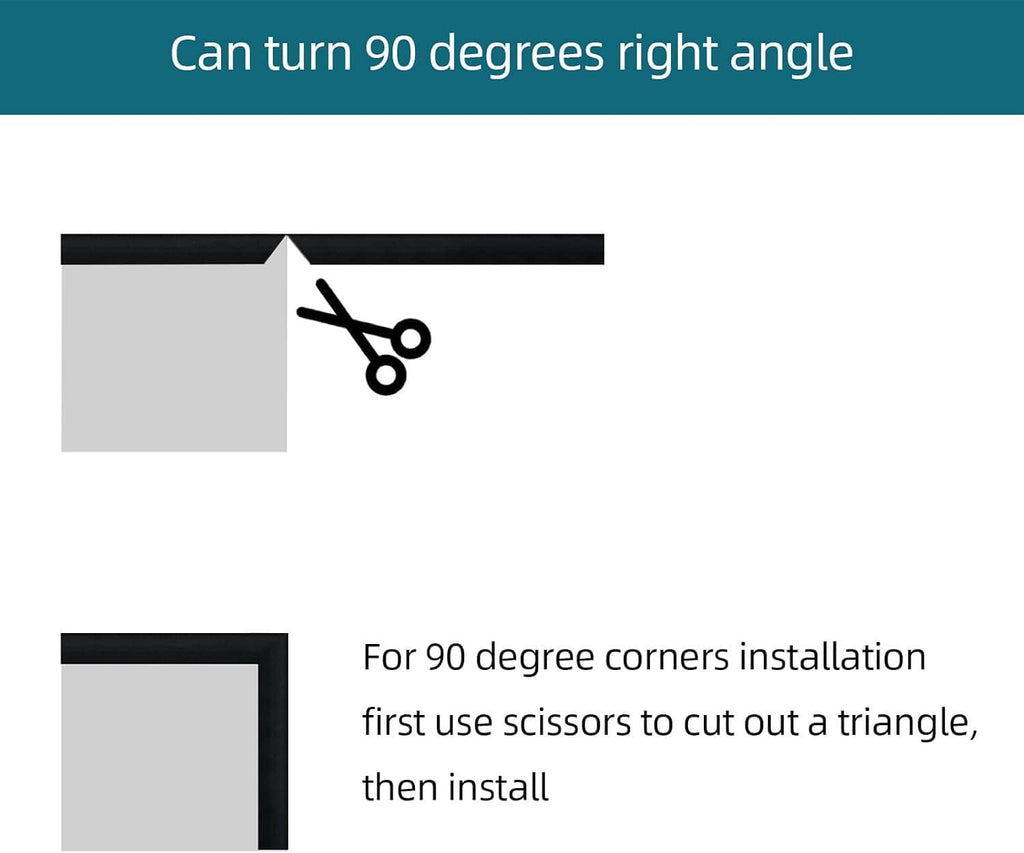 Black U-channel edge trim for right-angle corners, diagram showing 90-degree install