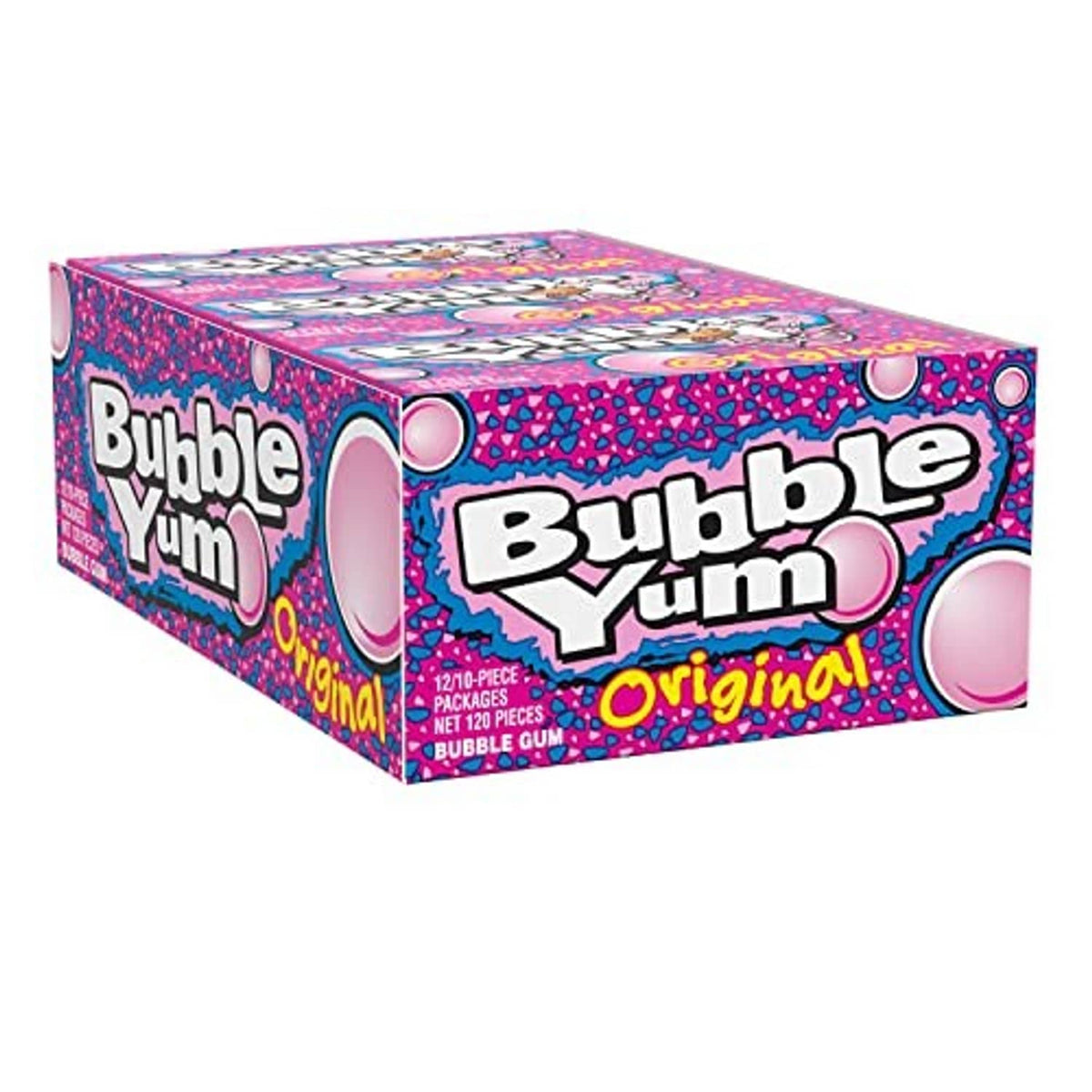 Bubble Yum Original bubble gum 12-pack box, side view with large logo