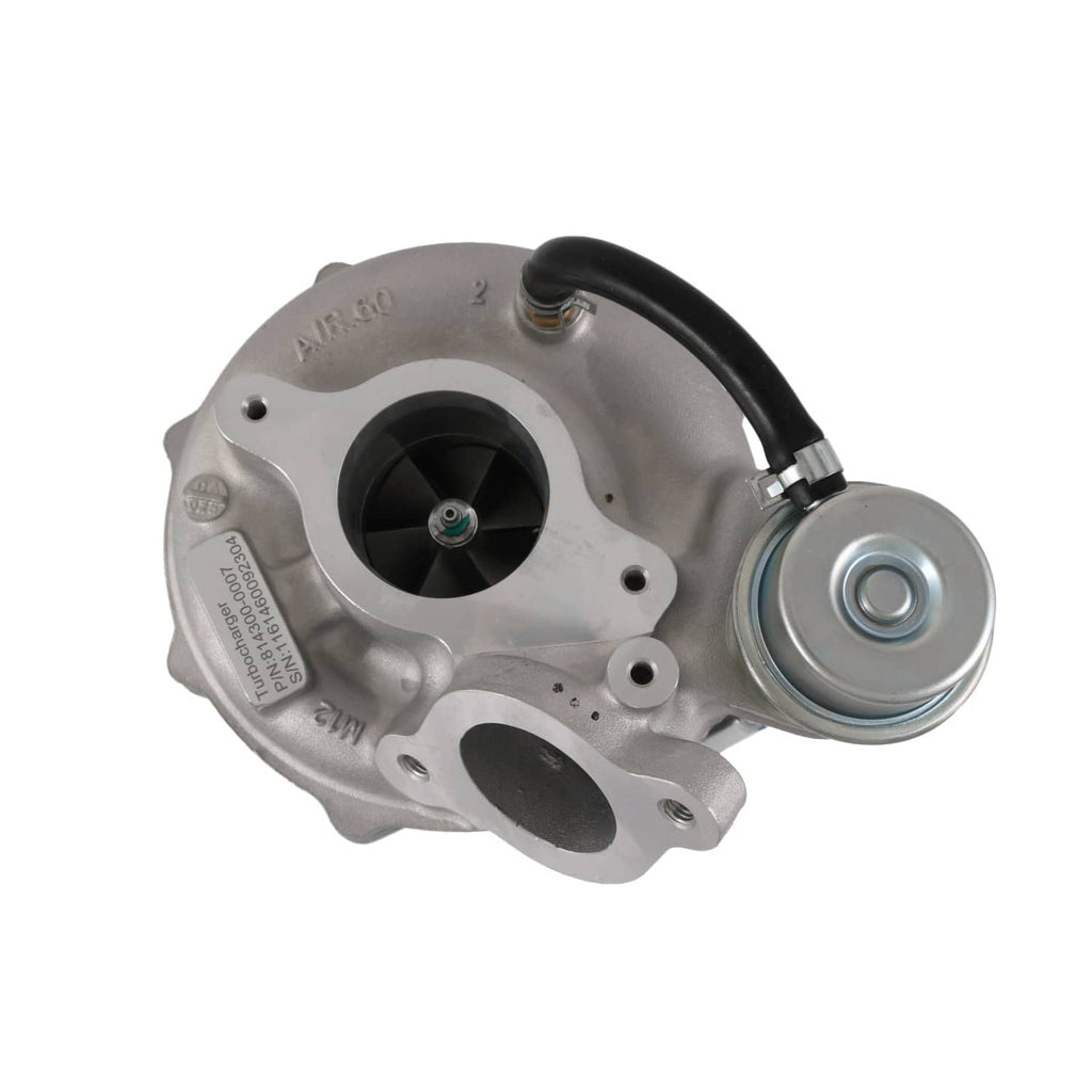 Turbocharger with silver compressor cover, black inlet hose, and round turbine outlet