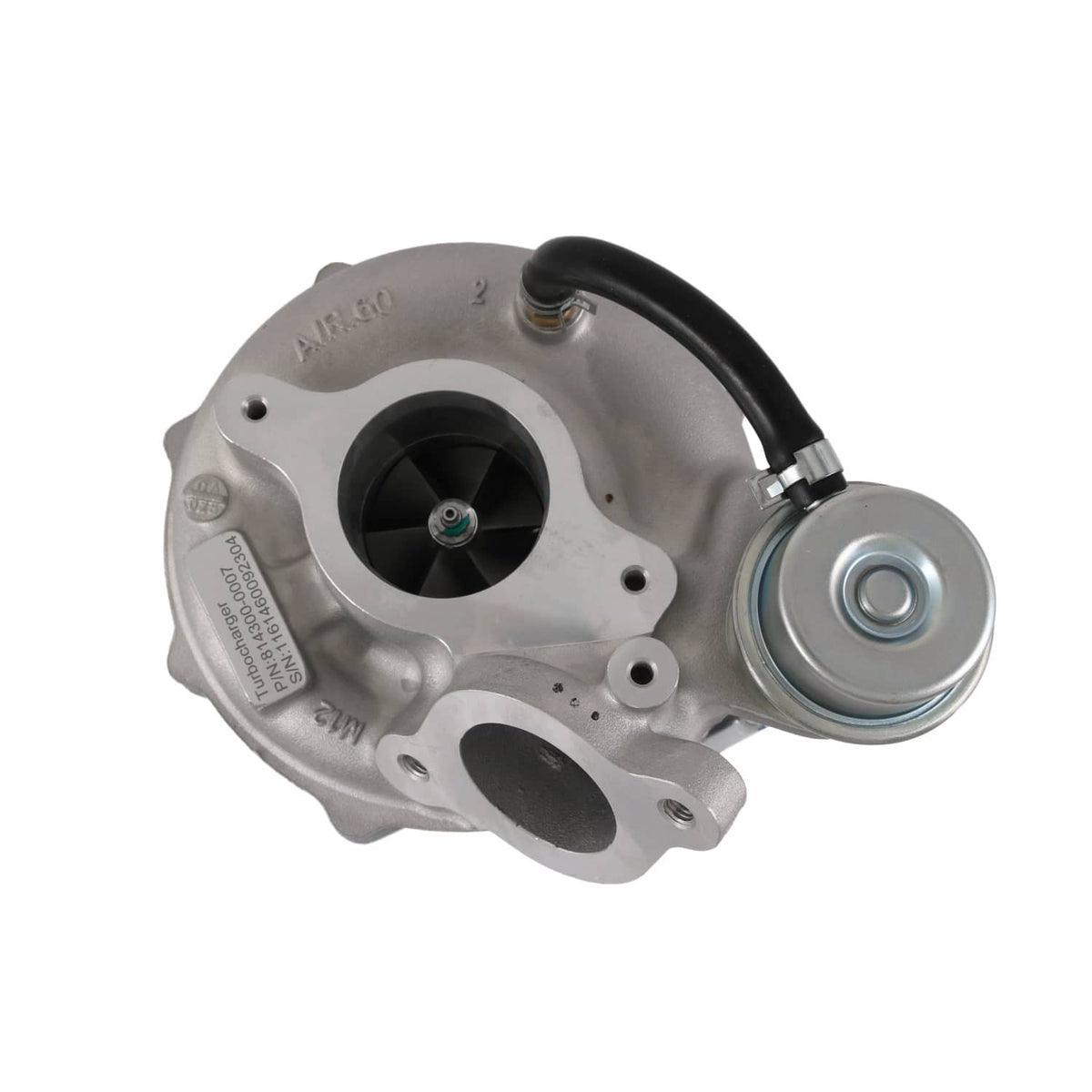 Turbocharger with silver compressor cover, black inlet hose, and round turbine outlet