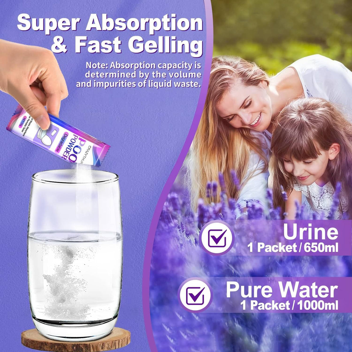 Lavender poo powder packet for portable toilet gel, held above a glass