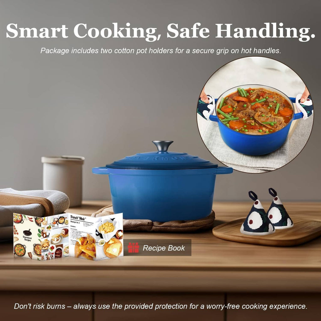 Overmont sapphire blue Dutch oven with two cotton pot holders and recipe book