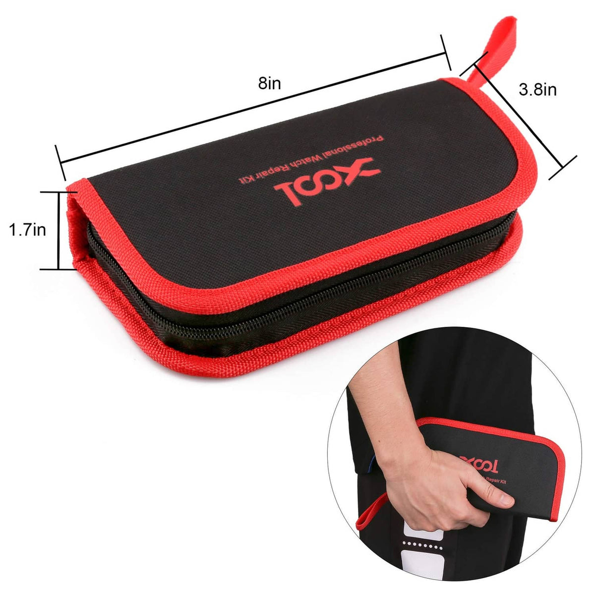 Compact black and red zippered carrying case for watch repair tools