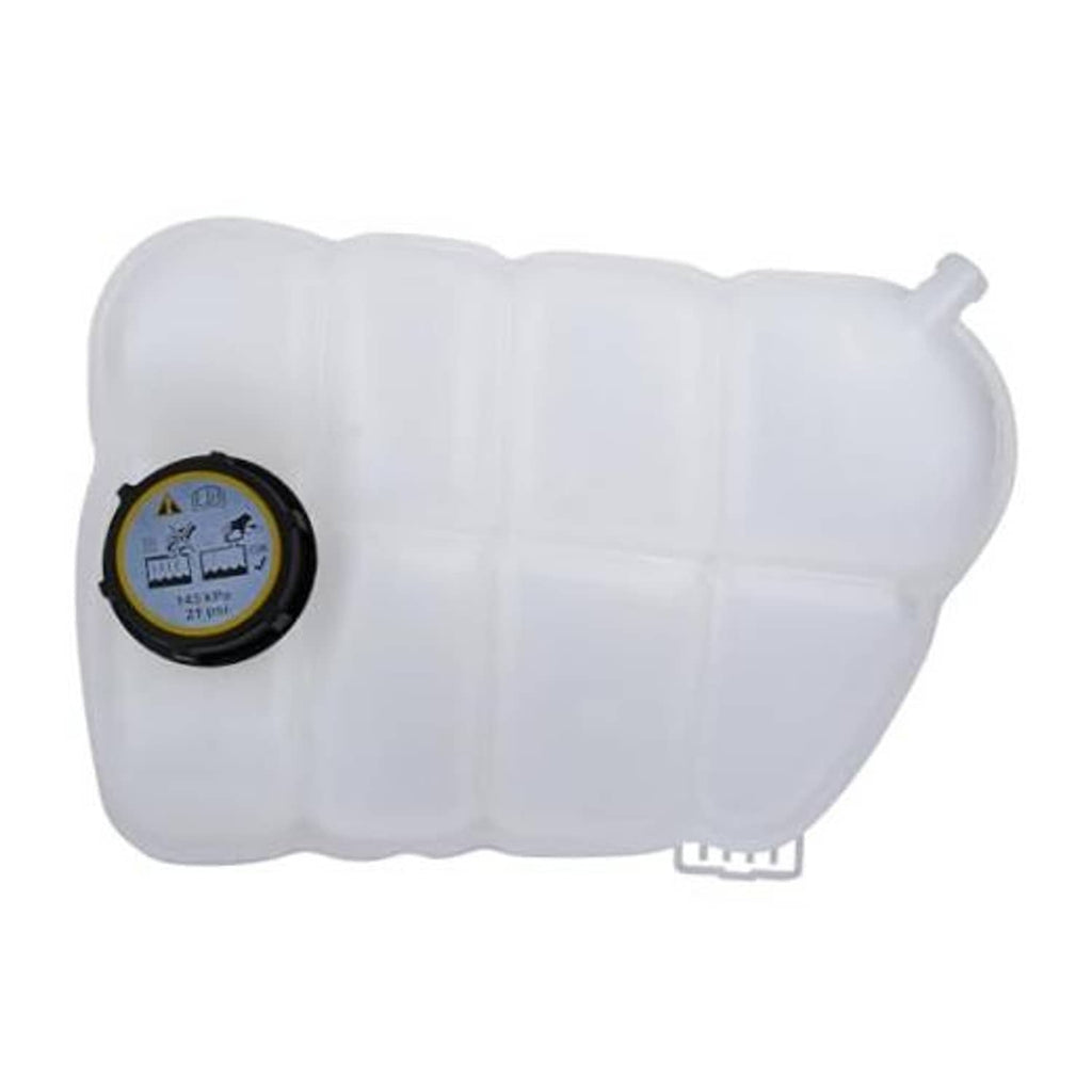 Translucent white coolant reservoir tank with black cap and round pressure gauge
