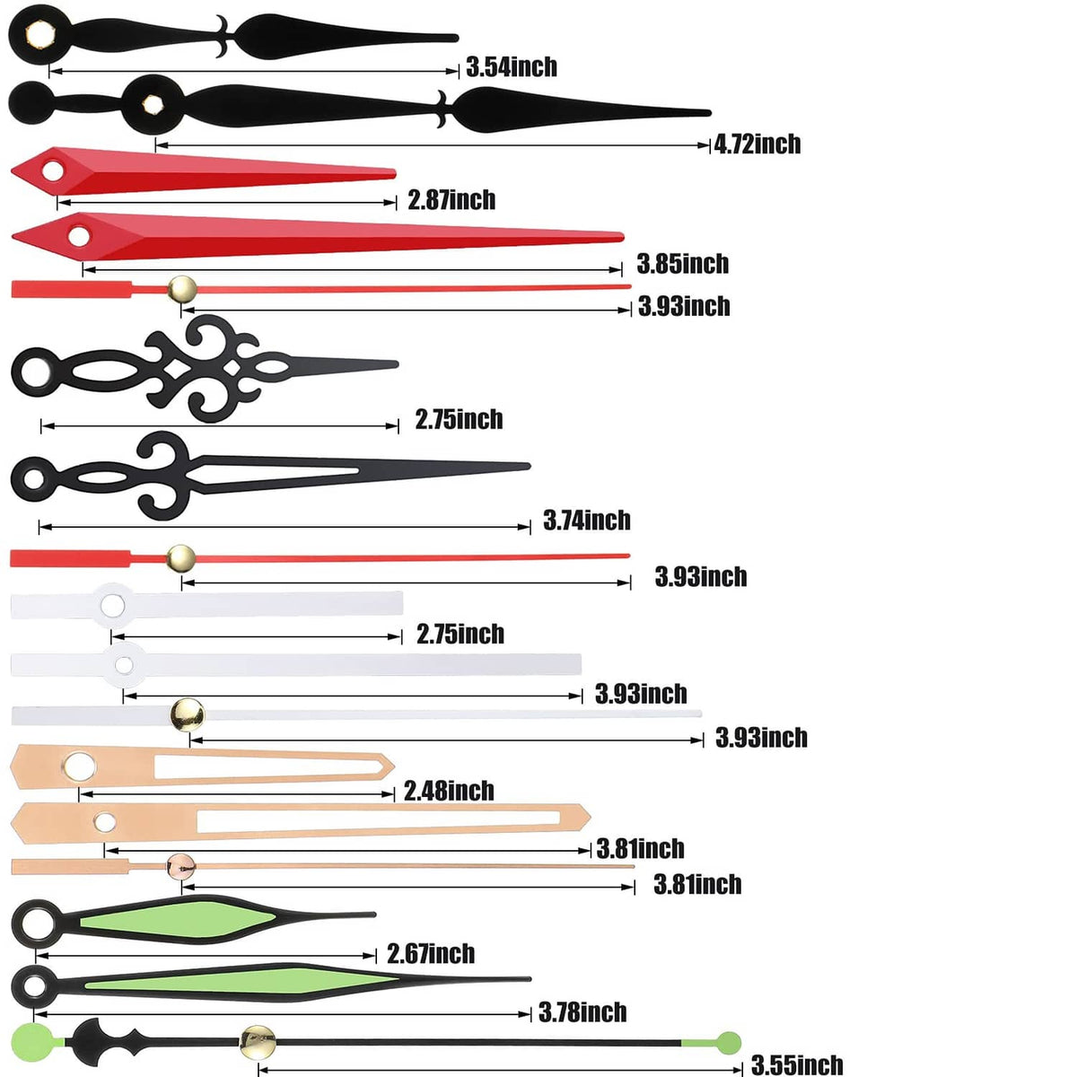 Clock hands set with size measurements, featuring black and red hands with gold center