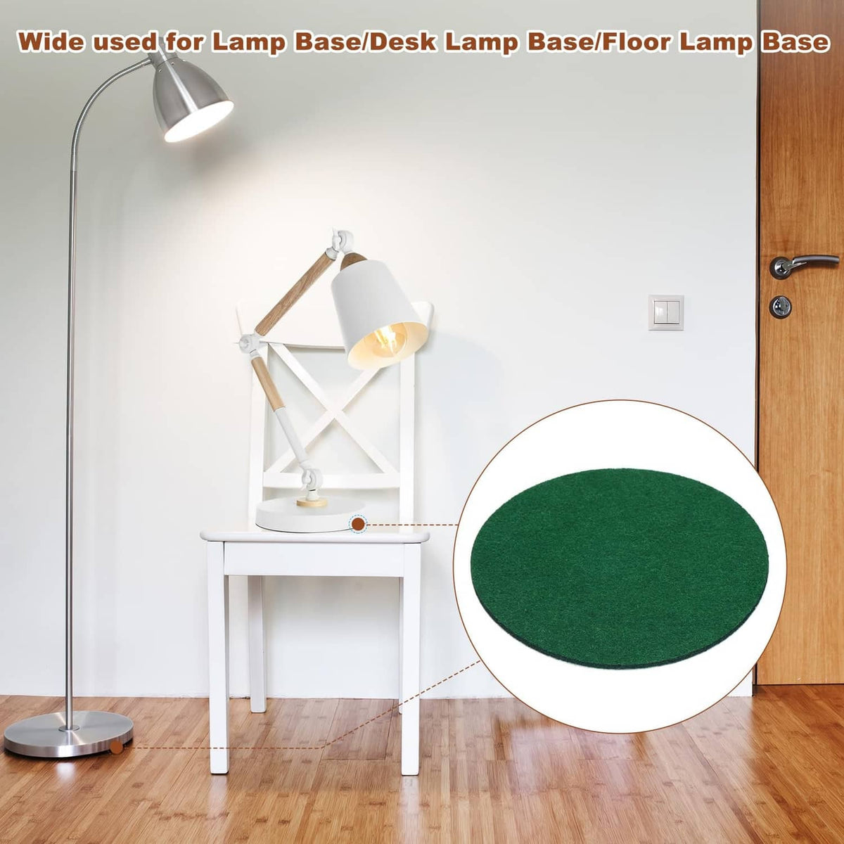 Dark green round felt lamp base pad, shown as a close-up detail