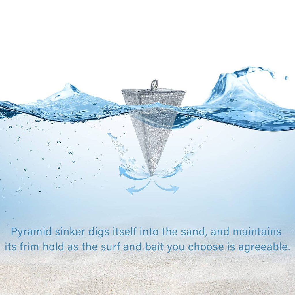 Grey pyramid sinker weight with top ring in sand with water splashes