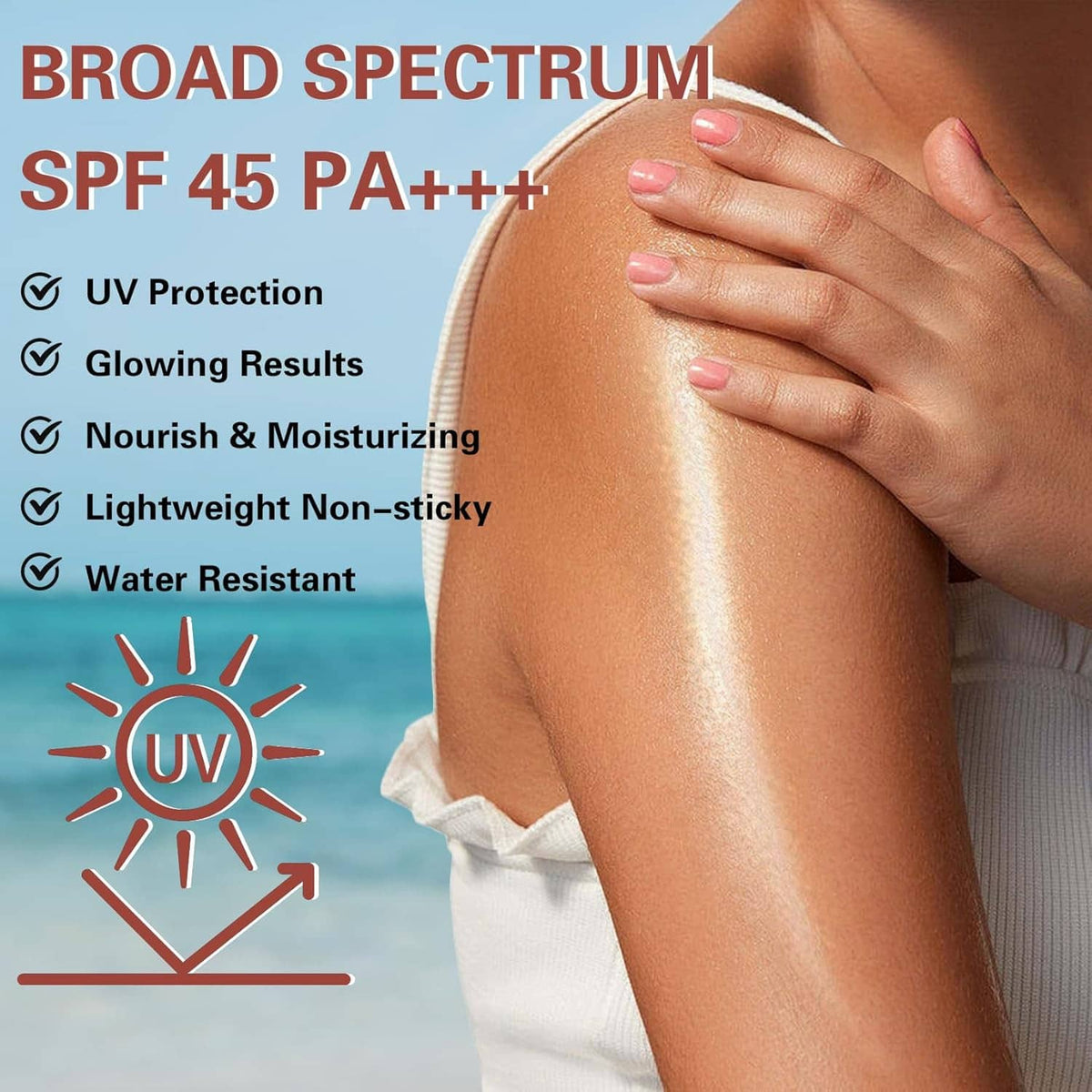 Broad spectrum SPF 45 body glow oil shown on an arm with glossy shimmer finish.