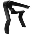Black 6-string guitar capo clamp with curved lever handles and top bar