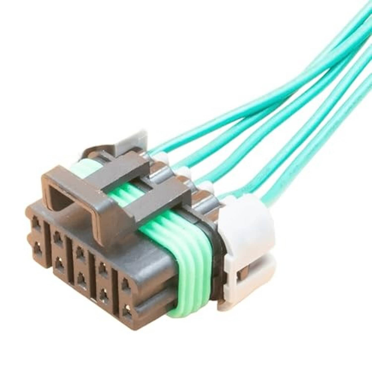 Automotive multi-pin connector with teal-green cables and gray metal block housing