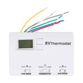 White RV digital thermostat with LCD screen and control buttons for fan and temperature