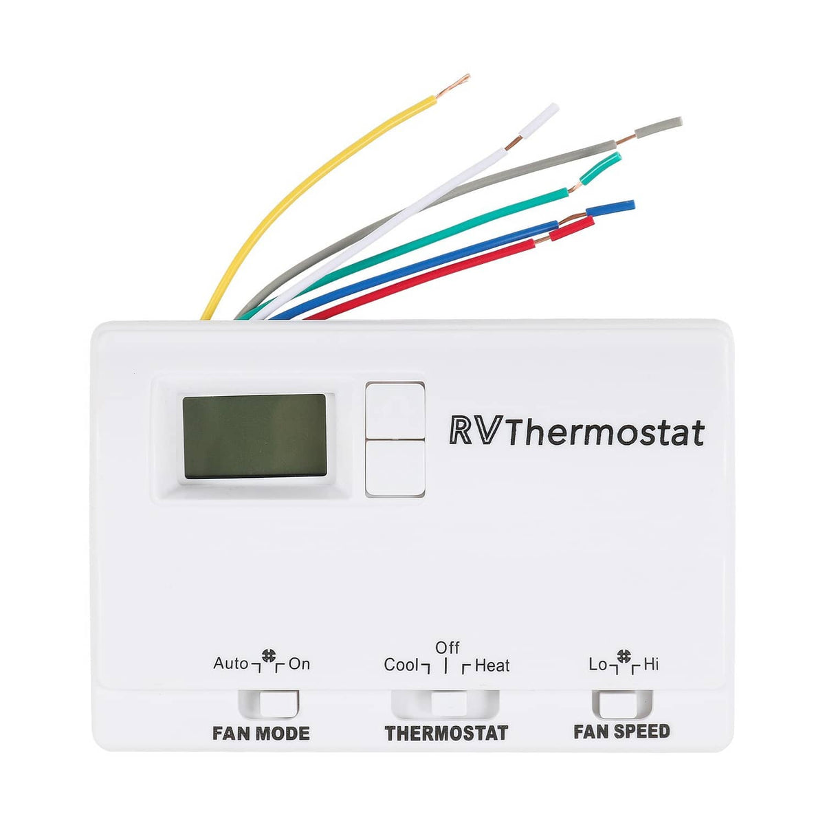 White RV digital thermostat with LCD screen and control buttons for fan and temperature