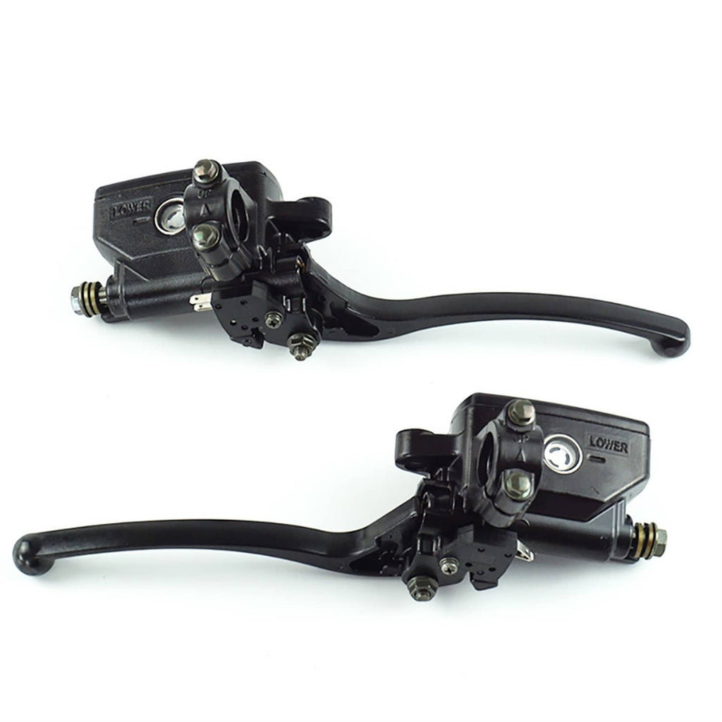 Pair of black motorcycle hydraulic brake master cylinder levers, angled view
