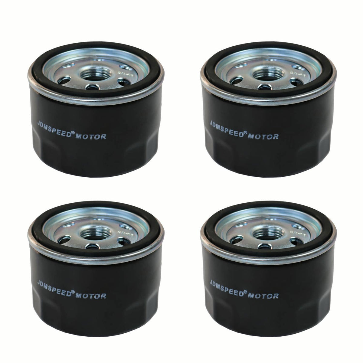 Set of black oil filters with silver metal top and center threaded outlet
