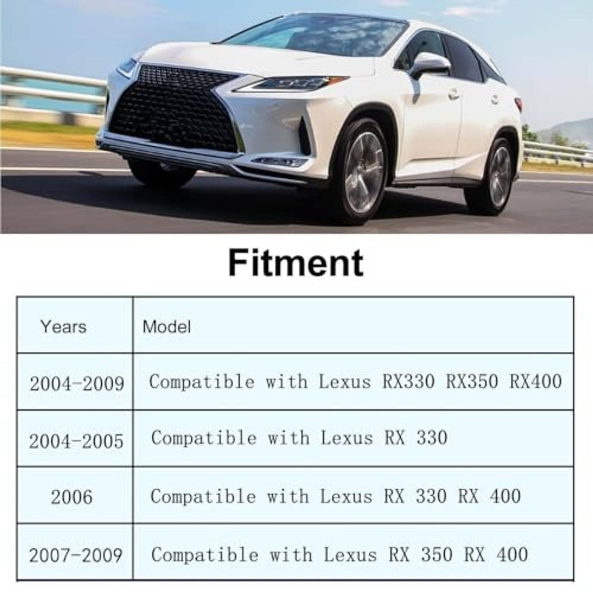 Compatibility fitment chart for Lexus RX seat cover installation years and models
