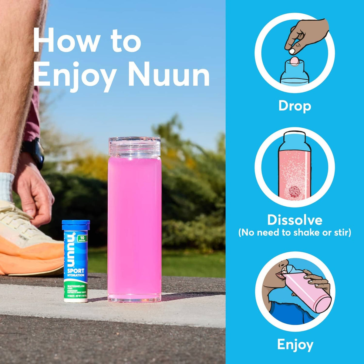 Nuun Sport electrolyte tablets tube with drop-and-dissolve steps for pink drink