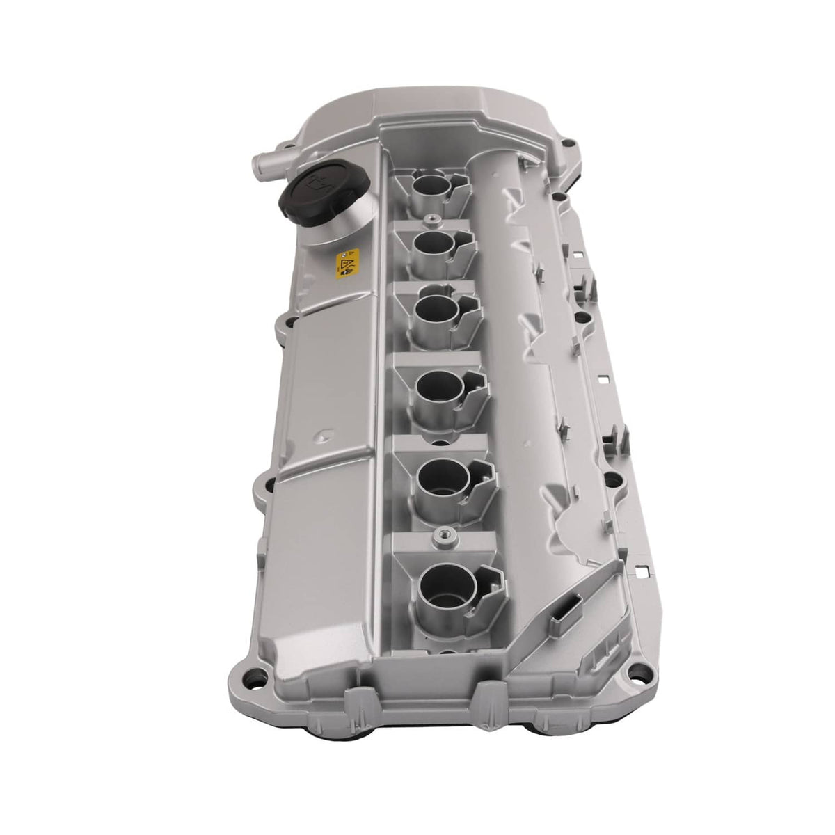 Aluminum engine valve cover, tall side view with port bank and black oil filler cap