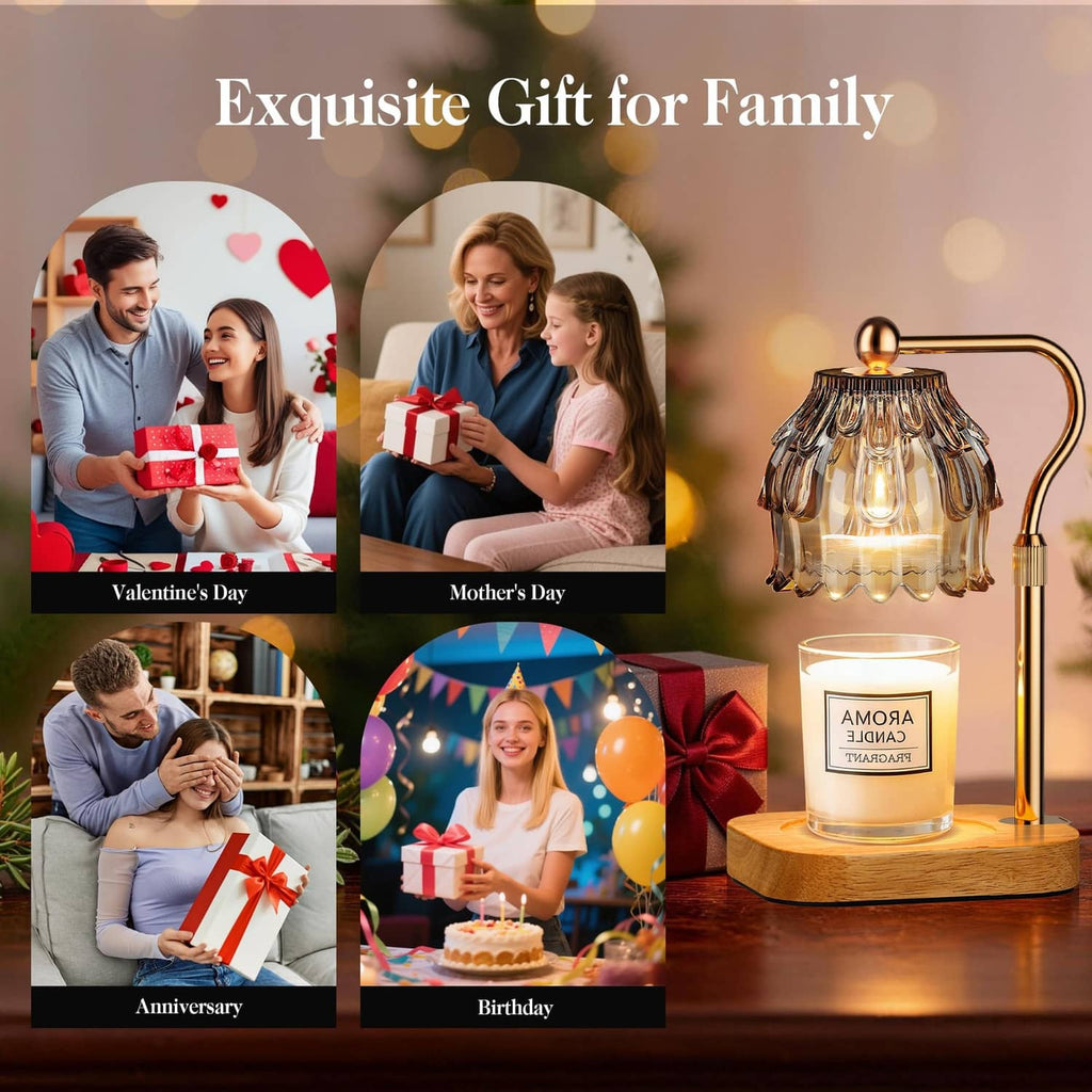 Gift-ready candle warmer lamp with glass shade and warm glowing wax melt