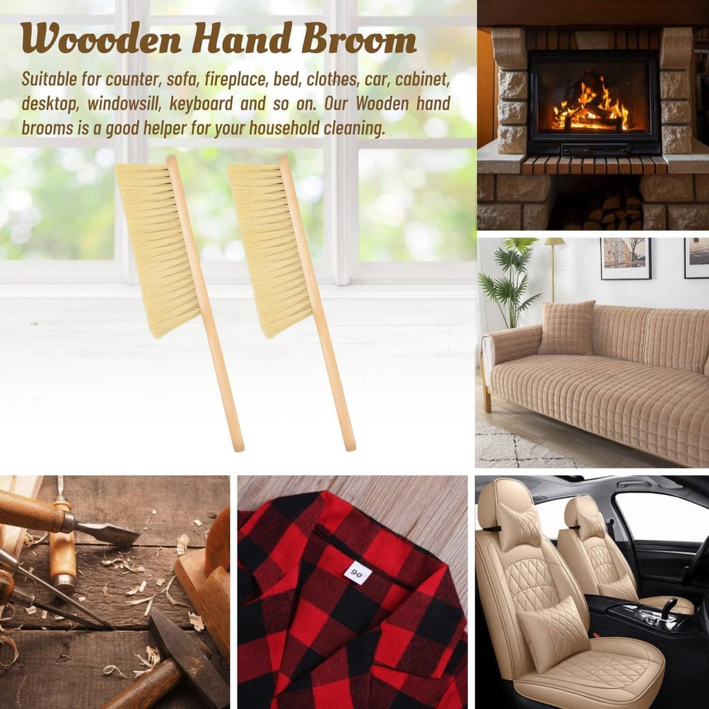 Wooden hand broom with khaki bristles and light wood handle for indoor sweeping