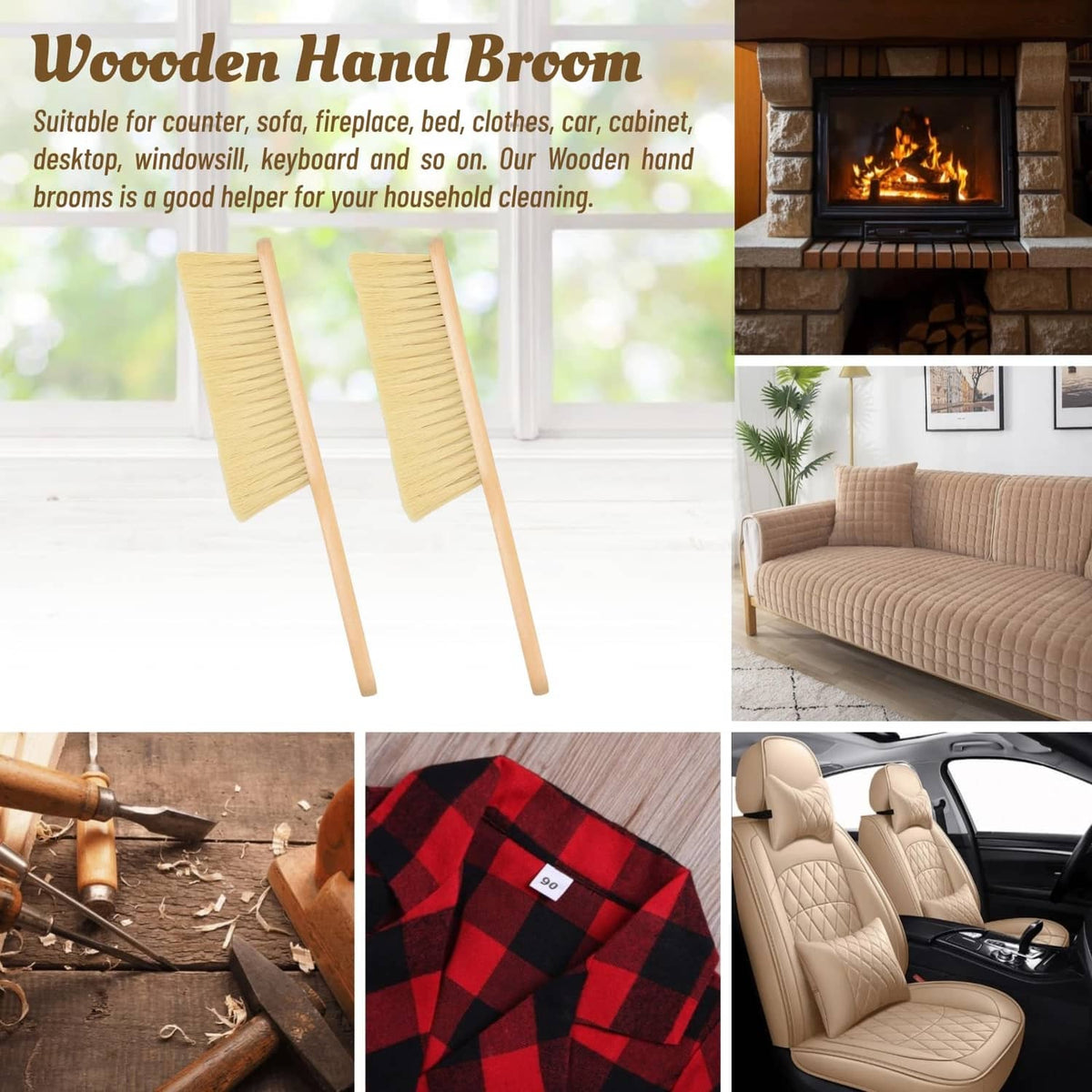 Wooden hand broom with khaki bristles and light wood handle for indoor sweeping