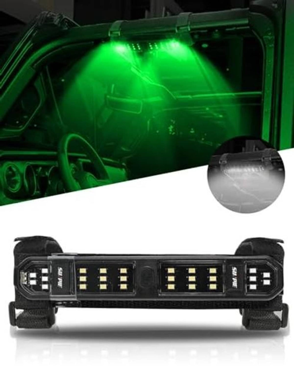 Wireless LED roll bar dome light, black bar with green LED glow