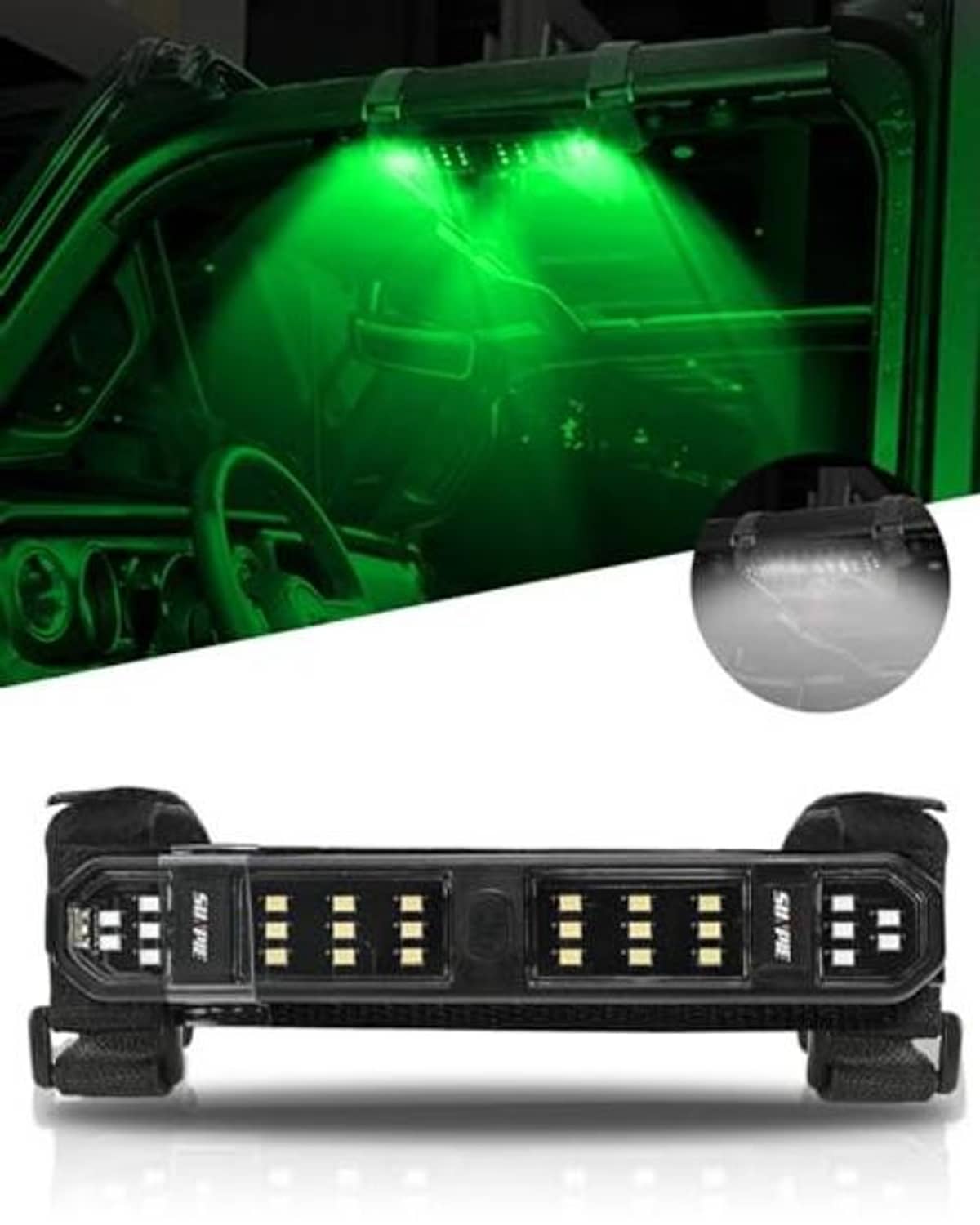 Wireless LED roll bar dome light, black bar with green LED glow